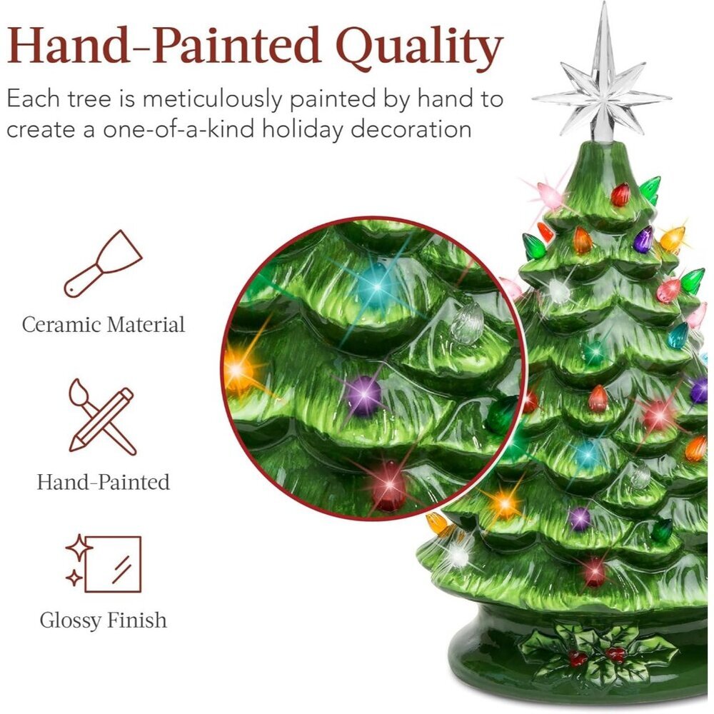 15in Ceramic Christmas Tree Pre lit Hand Painted Tabletop Holiday Tree 64 Lights - Picture 2 of 7